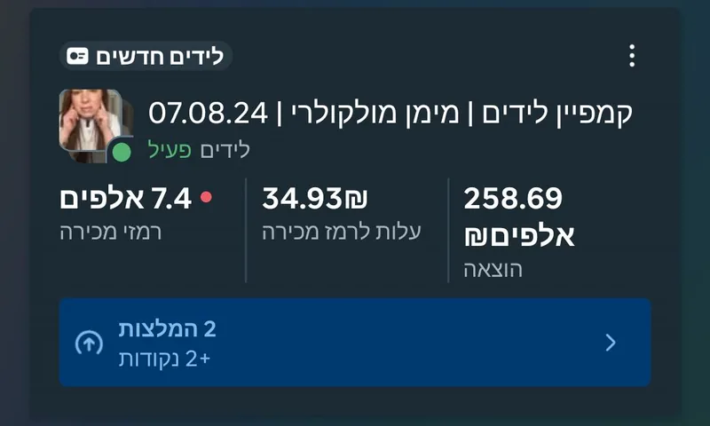 צילום תוצאות קמפיין פייסבוק - מימן מולקולרי, 7,400 לידים